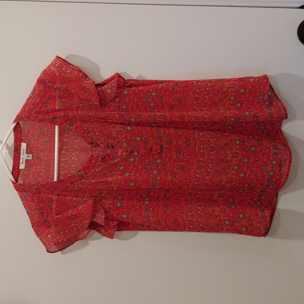 Black rainn ruffled shoulder 1/4 button up blouse red print size petite …